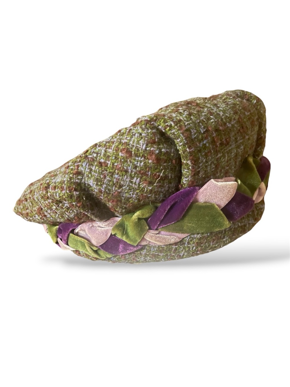 70s Vintage Green Tweed Ladies Beret with Velvet Braid Accent